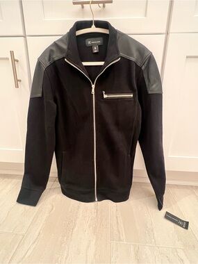 INC International Concepts Black Zip-Front Jacket with Leather-Trim Shoulders